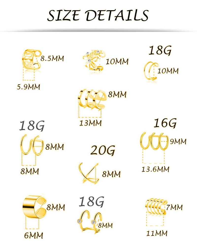 Tornito 4-10 Pairs Stainless Steel Ear Cuff Helix Cartilage Clip On Wrap Earrings Fake Nose Ring Non-Piercing Adjustable (A1:10 Pairs, Gold Tone) - Image 3
